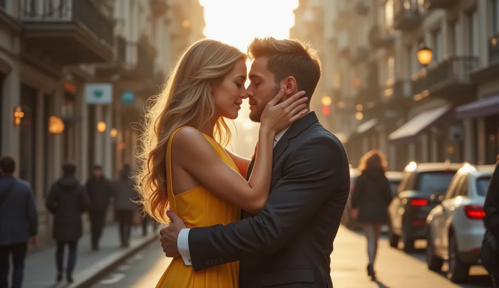 A 35 year old blond man with short hair, handsome looks at the couple and covers his face with his hands.A girl in a yellow dress is hugging and kissing a tall handsome guy of 35 years old, he has a sporty figure, dark short hair,he is dressed in a suit. T...