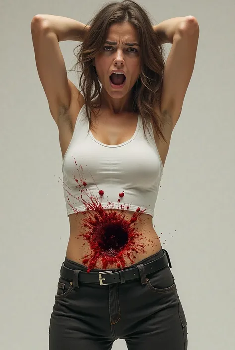 This sexy woman wearing a white fully-tucked tight bodysuit shirt in dark pants and black belt. Arms held up high. Frightened and screaming. Shotgun blast to the belly, with projectile and velocity. blast hole in her lower midsection. Blood splatter and in...