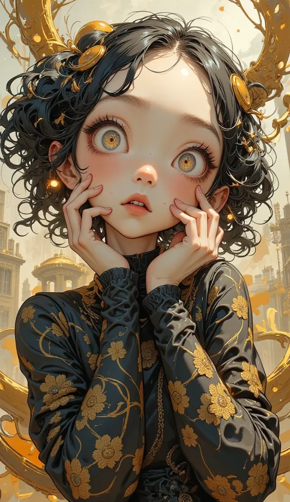 Tim Burton style、cream and soft curly hair、Lolita fashion、 Place your outstretched hands on your cheeks、Looking diagonally upwards、 opens his mouth slightly、Turn your face slightly to the side、Body facing forward、