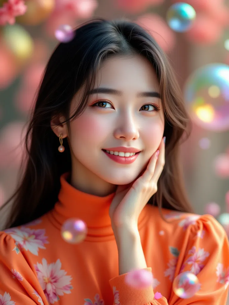 smiling asian beautiful woman, in orange-pink turtleneck dress, one hand clenched on the chin, has colorful bubbles in between,  bokeh background , marble floral print colorful colors