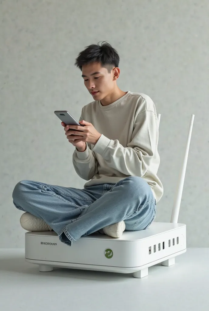 A person sitting on a wifi router while using their phone