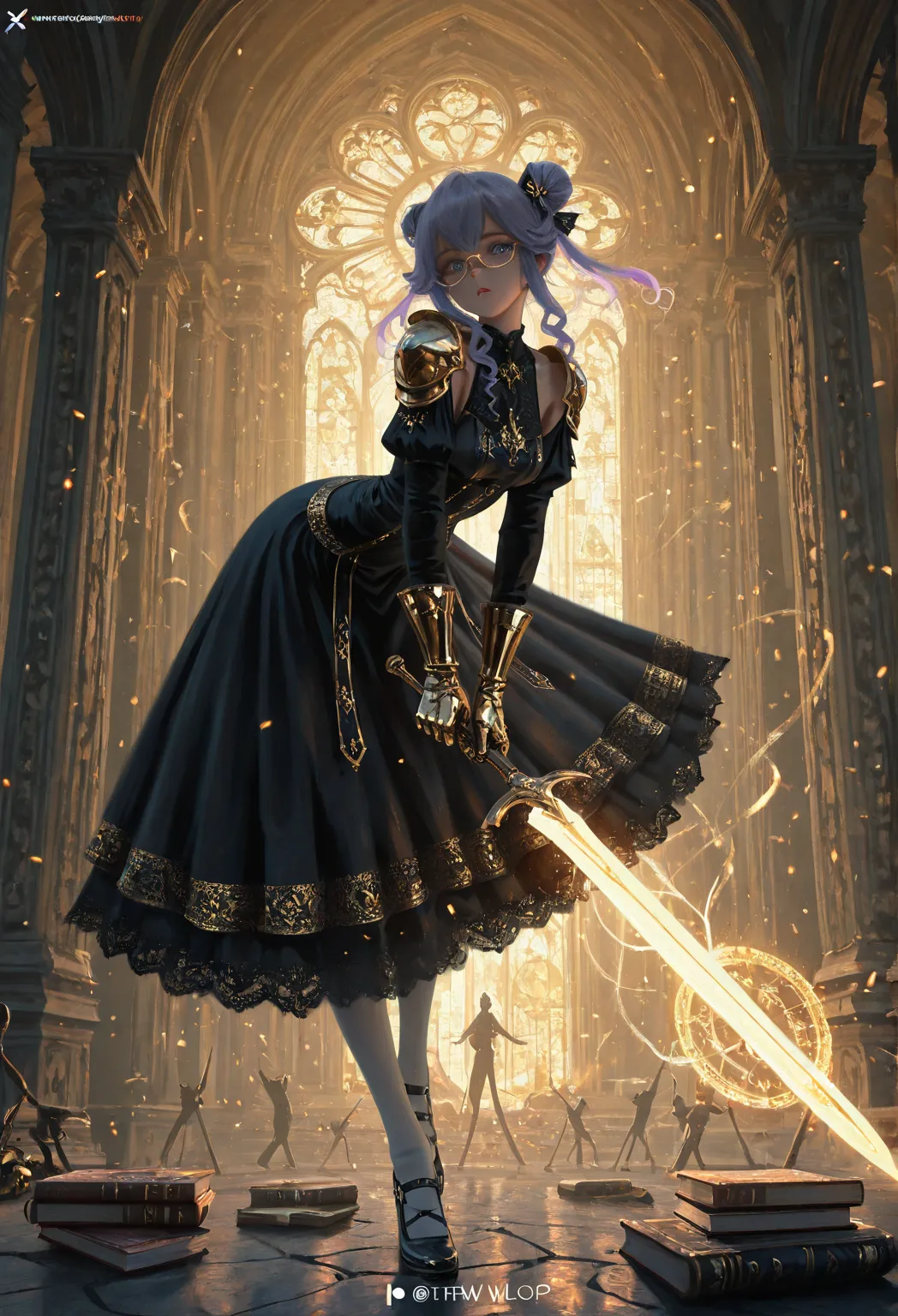 ((ultra-detailed)), Laniette Gordius,  
light purple curly hair high bun, classical European study room, suspended holographic star map,  
Hand held ancient books+Feather pen,  warm yellow lighting ,  straight shoulder line ,  
by WLOP, Greg Rutkowski,  Un...