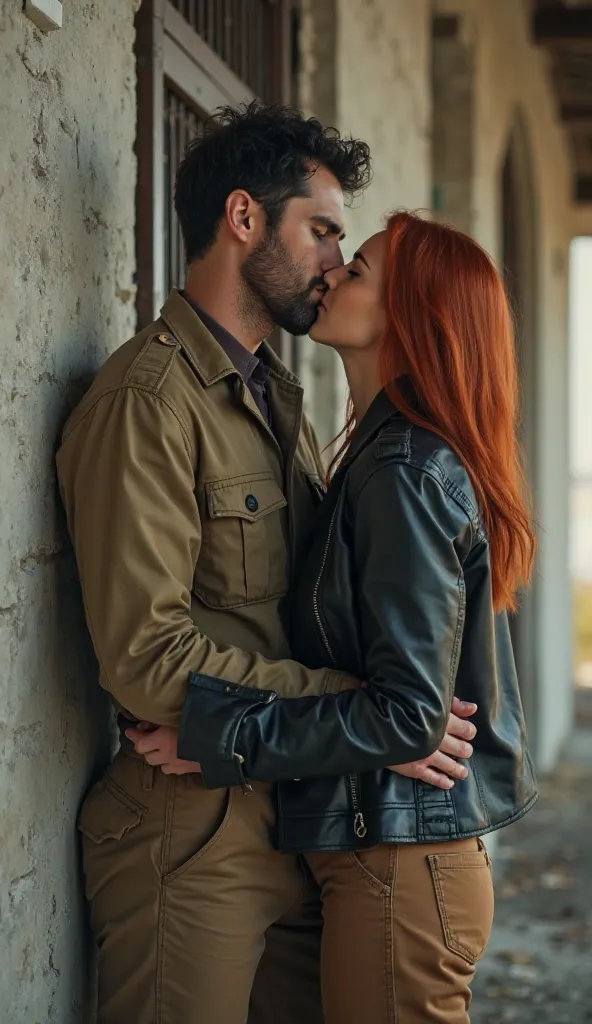 A man with dark, short-haired hair and bristles on his face dressed in a khakki uniform kisses a red-haired girl dressed in khakki pants and a black leather jacket, presses her against the wall of an abandoned building 