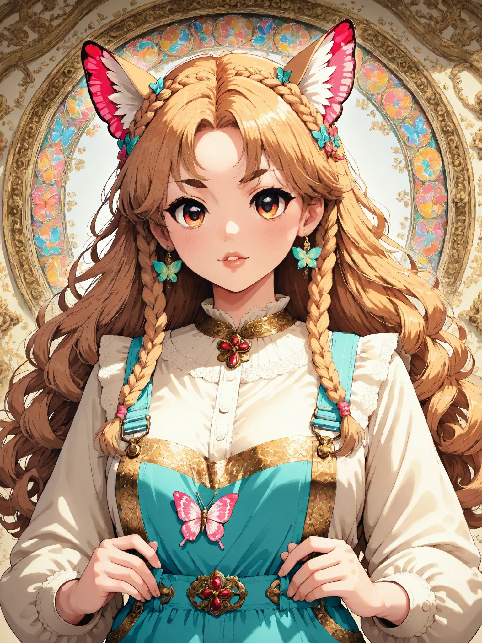 The girl has thick and curly hair，The hair is braided，adds a bit of playfulness and casual。 facial features 清晰，The eyebrows are thick and stylish，The eyes are large and bright， straight ，The lip lines are soft。are attached to the ears Wearing delicate earr...