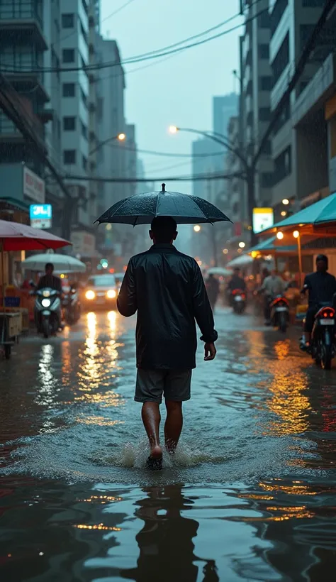 A man walking through a flooded street in Jakarta during heavy rain. The water reaches up to his knees as he carefully steps forward. The city around him is bustling despite the flood, with motorcycles struggling to pass, cars creating waves, and street ve...