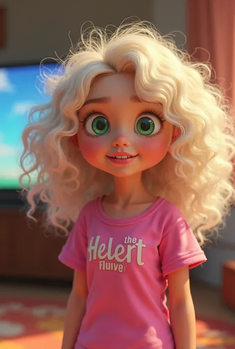 
Animated girl, blonde with curly white,  curvy hair , plump lips, big green eyes. Traveler in a hot pink T-shirt. LT lettering on the shirt
Girl watching TV