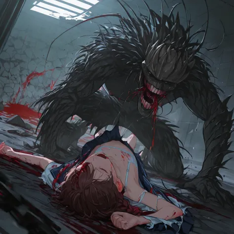 Murder,score_9, score_8_up, score_7_up, score_6_up, score_5_up, score_4_up,woman extreme closeup, wearing torn bloody school uniform,dark rock wall room,dynamic,heavy bloody nipples,violence,heavy bloody white bra lifted,huge monster,dynamic,huge monster g...