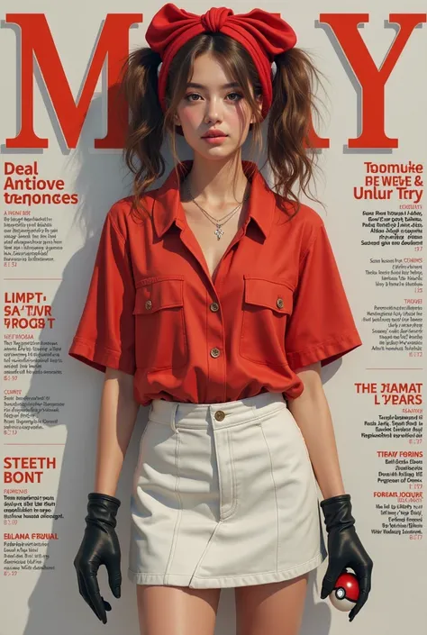 Create the cover of the fashion magazine May adolescent real woman hyperrealism Hyperrealism as the protagonist of the cover and with background texts as if it were a real magazine.  outfit.  hyperrealism. live action magazine. big breasts. Brown hair with...