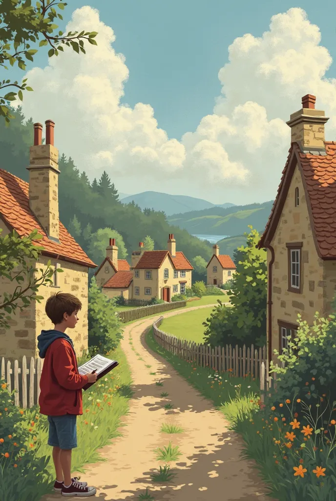 Write a story about a quiet, introspective boy named Elly who lives in a quaint village in the Cotswolds, England. He spends his days sketching the countryside, feeling like an outsider in his small village. His dream is to become an artist, but he struggl...