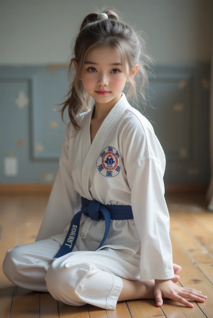 (realistic on the hand, high resolution, Detailed body,  Detailed Hands ,  Detailed Hands 가락, 8k), Beautiful girl with ponytail hair, silver hair on the floor, silver eyes, Sitting on the floor wearing a taekwondo uniform, ( full body shot), (Beautiful smi...