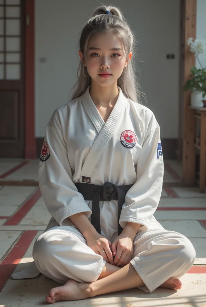 (realistic on the hand, high resolution, Detailed body,  Detailed Hands ,  Detailed Hands 가락, 8k), Beautiful girl with ponytail hair, silver hair on the floor, silver eyes, Sitting on the floor wearing a taekwondo uniform, ( full body shot), (Beautiful smi...