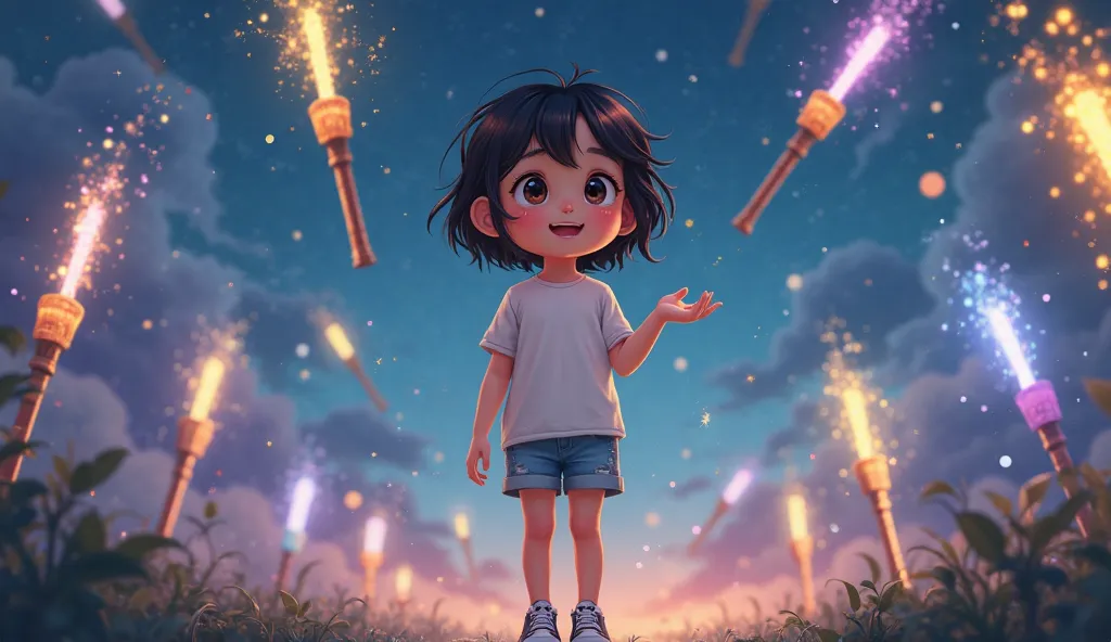 A highly detailed 2D digital illustration of a young girl, around 6 or , standing in a magical world. She has short, slightly messy black hair framing her round face, with deep, expressive eyes filled with excitement. Her small, upturned nose and soft smil...