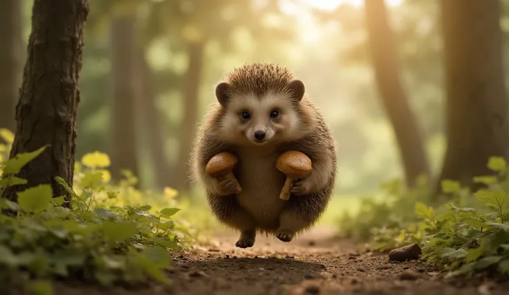 hedgehog running in the woods,carries mushrooms, portrait,cartoon style,realistic,detailed,high quality,4K,HDR,studio lighting,deep sharpness,bright colors,photorealism,carefully crafted,Forest Landscape, sun rays, soft focus,natural colors,warm color pale...