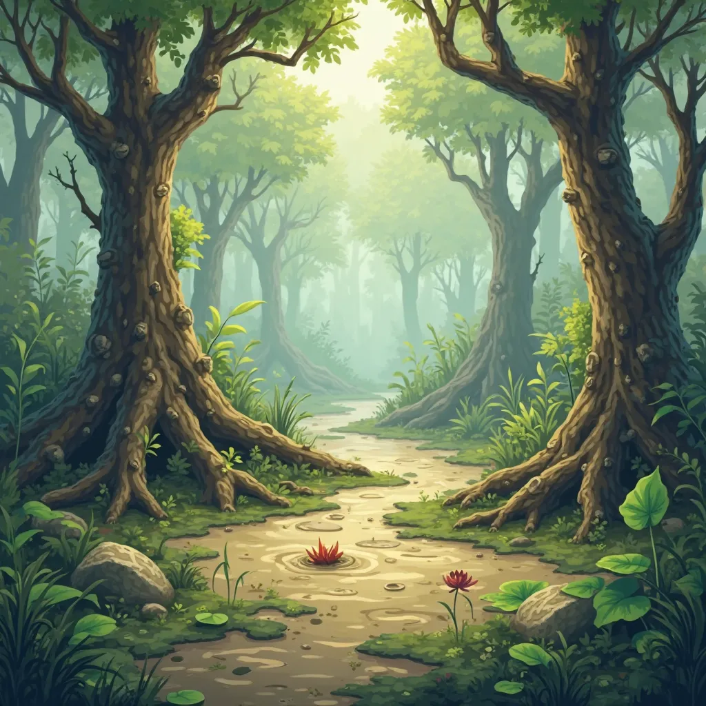 Create a vibrant, playful, and cartoonish prehistoric Swamp:

A misty, shallow swamp with muddy, mossy ground.
Large, twisted tree roots emerging from the water.
Lily pads, reeds, and ancient plants growing around.
A few cartoonish dinosaur tracks in the s...