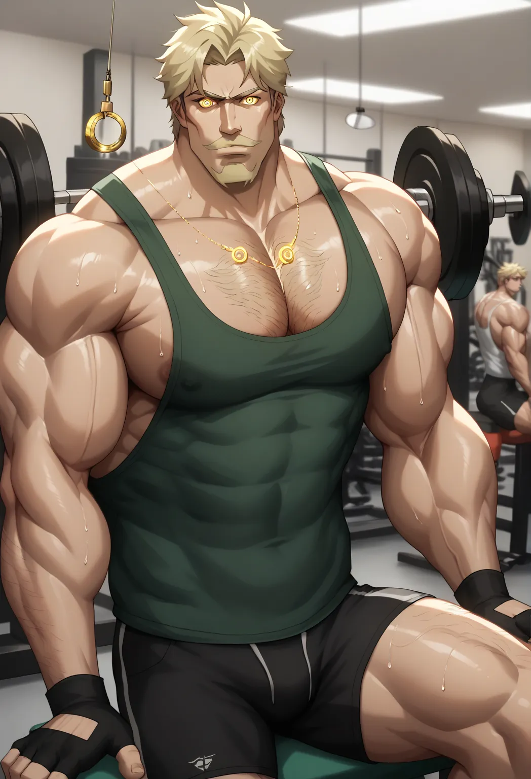 Green Arrow alone in the gym, staring at golden pendulum, stringer tanktop, gym shorts, muscular, muscles, big biceps, broad shoulders, massive pecs, sweaty, hairy chest, glowing golden spiral in the eyes, blank expression, vacant stare, hypnotized, brainw...