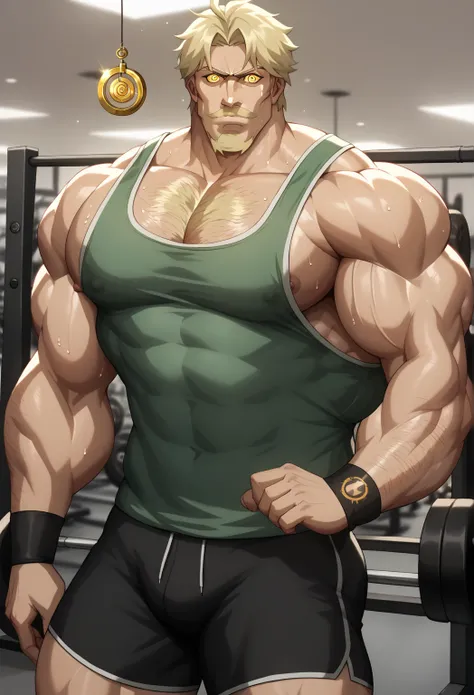 Green Arrow alone in the gym, staring at golden pendulum, stringer tanktop, gym shorts, muscular, muscles, big biceps, broad shoulders, massive pecs, sweaty, hairy chest, glowing golden spiral in the eyes, blank expression, vacant stare, hypnotized, brainw...