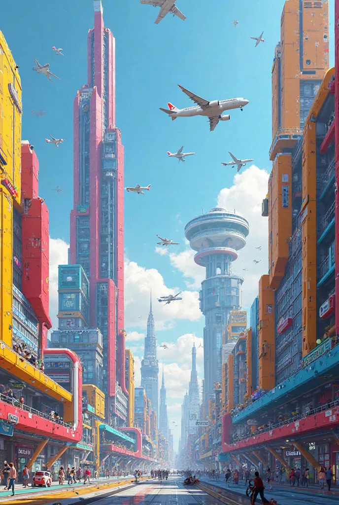 One hundred years from now, Korea, futuristic buildings, airplanes full of the sky, beautiful cities, colorful buildings and airplanes