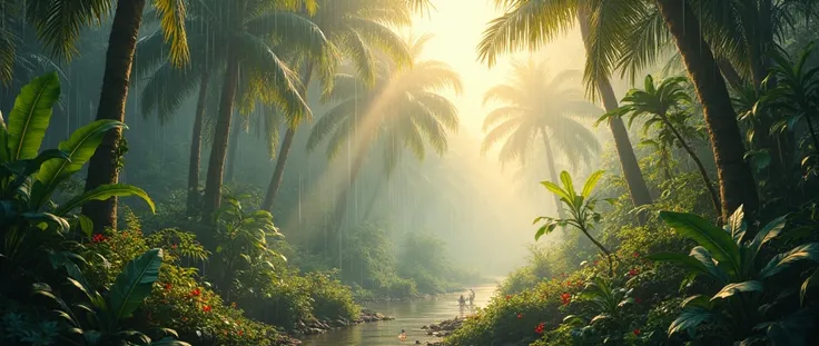 (photorealism:1.2), ground-level-view of a rainy jungle, bathed in the warm, shimmering subtle light of early morning. The jungle is filled with variant jungle life, the thick, leafy foliage partially visible through a thick layer of misty, light mist. The...