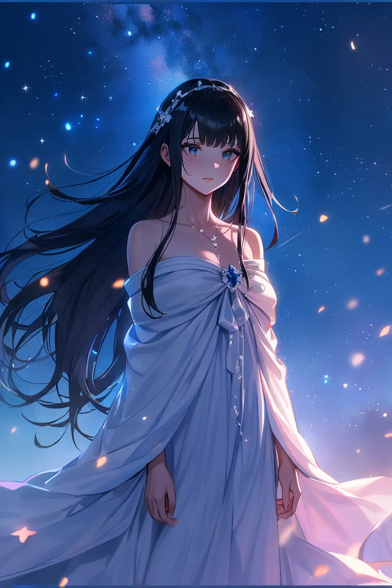 1 girl, created,  sitting, Peraldo blue long dress ,  pursed lips ,masterpiece, best quality,  uncensored diaper, On a bright night with stars, BNHA