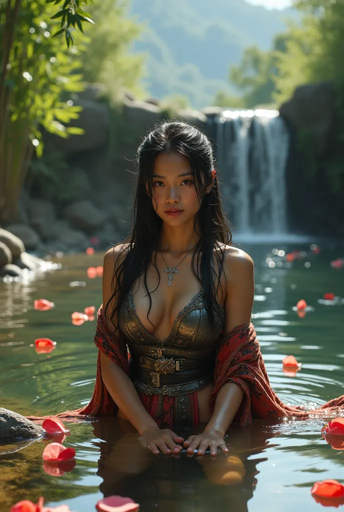 close-up ,Nuanced Warm Smoky Natural Stony Water Pool which is Romantic and sexy, Full of red rose petals inside the pool, and a small waterfall ,front view,sharp stare ,A Sundanese Woman Knight, Young and Beautiful ,Wet and Elegant Black Hair,with elegant...