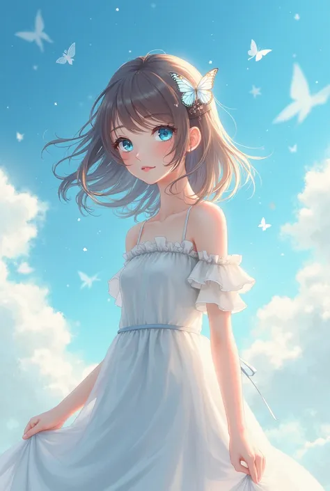 White dress cute girl blue eyes and brown hair with butter fly ribbon and sky background 