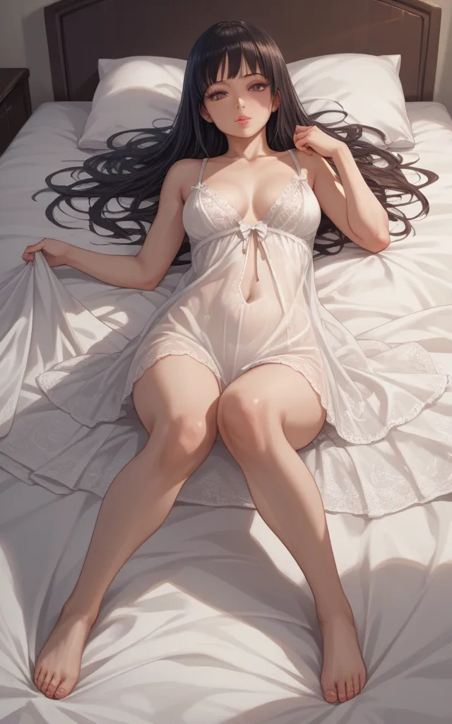 score_9, score_8_up, score_7_up, source_anime, Kurumi tokisaki wearing a white satin nightgown, in bed,  silk sheets, sultry, seductive, atmospheric(masterpiece), best quality, intricate details, ultra details, ultra quality, rule of third, (looking at vie...