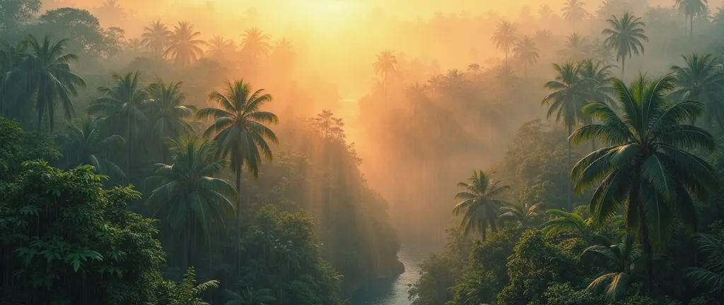 (photorealism:1.2), aerial-sky-view of a rainy jungle, bathed in the warm, shimmering subtle light of early morning. The jungle is filled with variant jungle life, the thick, leafy foliage partially visible through a thick layer of misty, light mist. There...