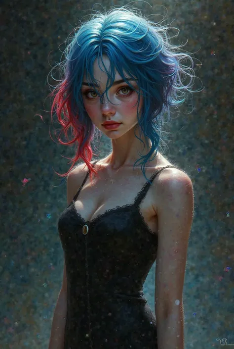 A girl in a black dress and blue and red hair