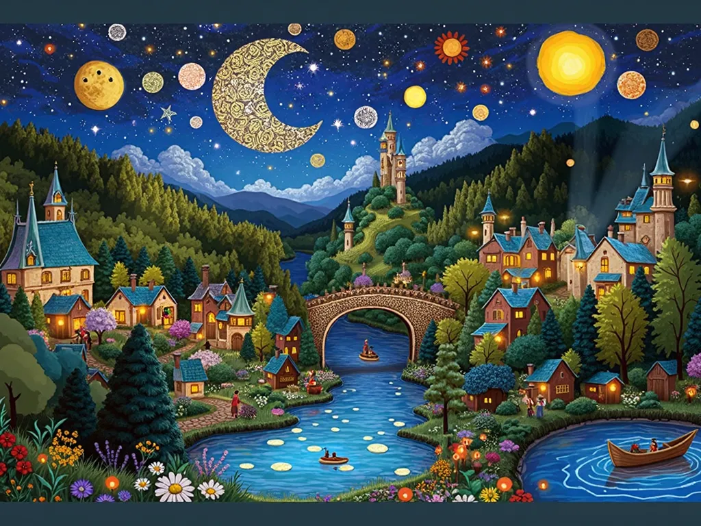 A fantasy village at night, illustrated in a whimsical and colorful style. The town is illuminated by glowing lights from cozy houses, surrounded by rolling hills, a winding river, and a starry night sky. In the foreground, a group of villagers are gathere...