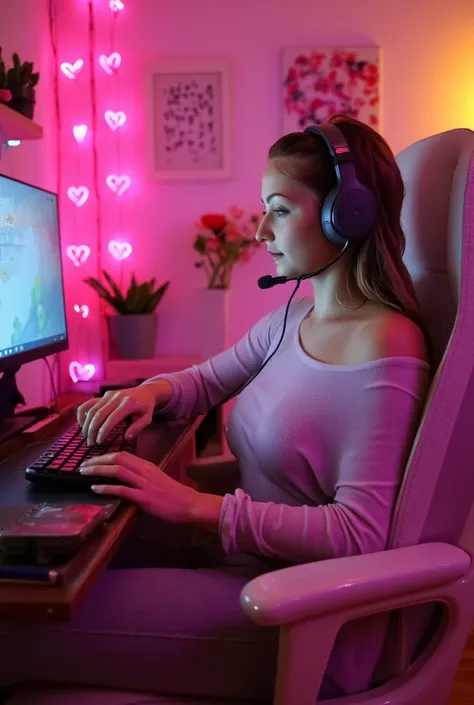 (((medium full shot))), (photorealistic, photorealism, best quality, ultra-detailed:1.3), (nice hands, perfect hands), official art, cinematic light, (1girl:1.3), adult, Game room, led lights, blue accents, girl gaming 25 years old, headset, sitting on cha...