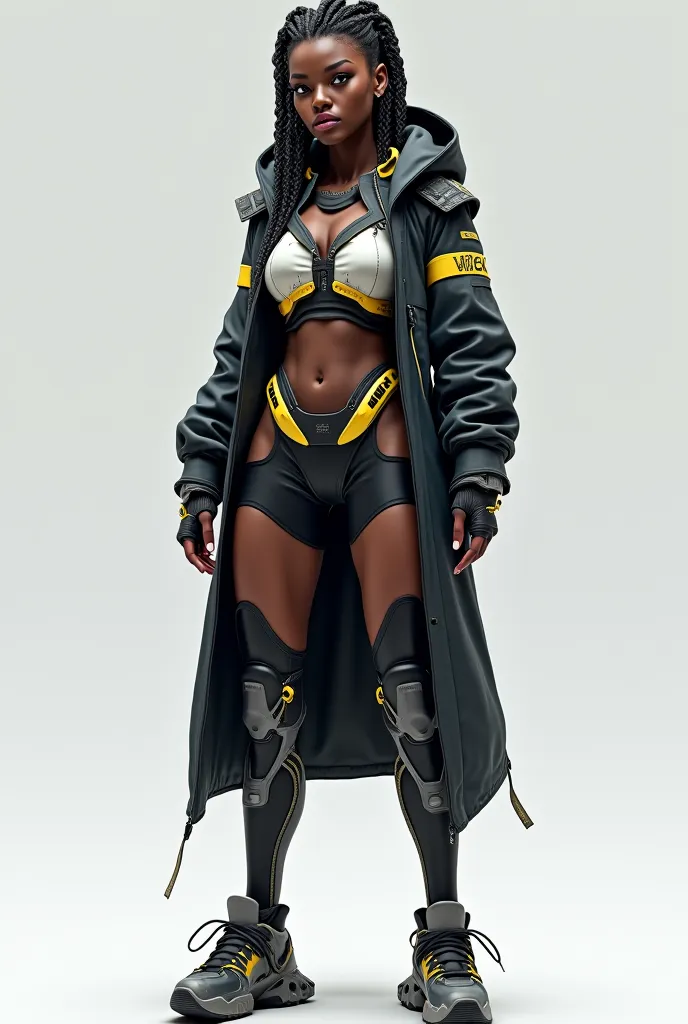 black woman, black braided hair with gold tips, cyberpunk style, long hooded jacket with flashing neon, technological leggings, sneakers with lightweight propellers and tactile gloves with exposed circuits.