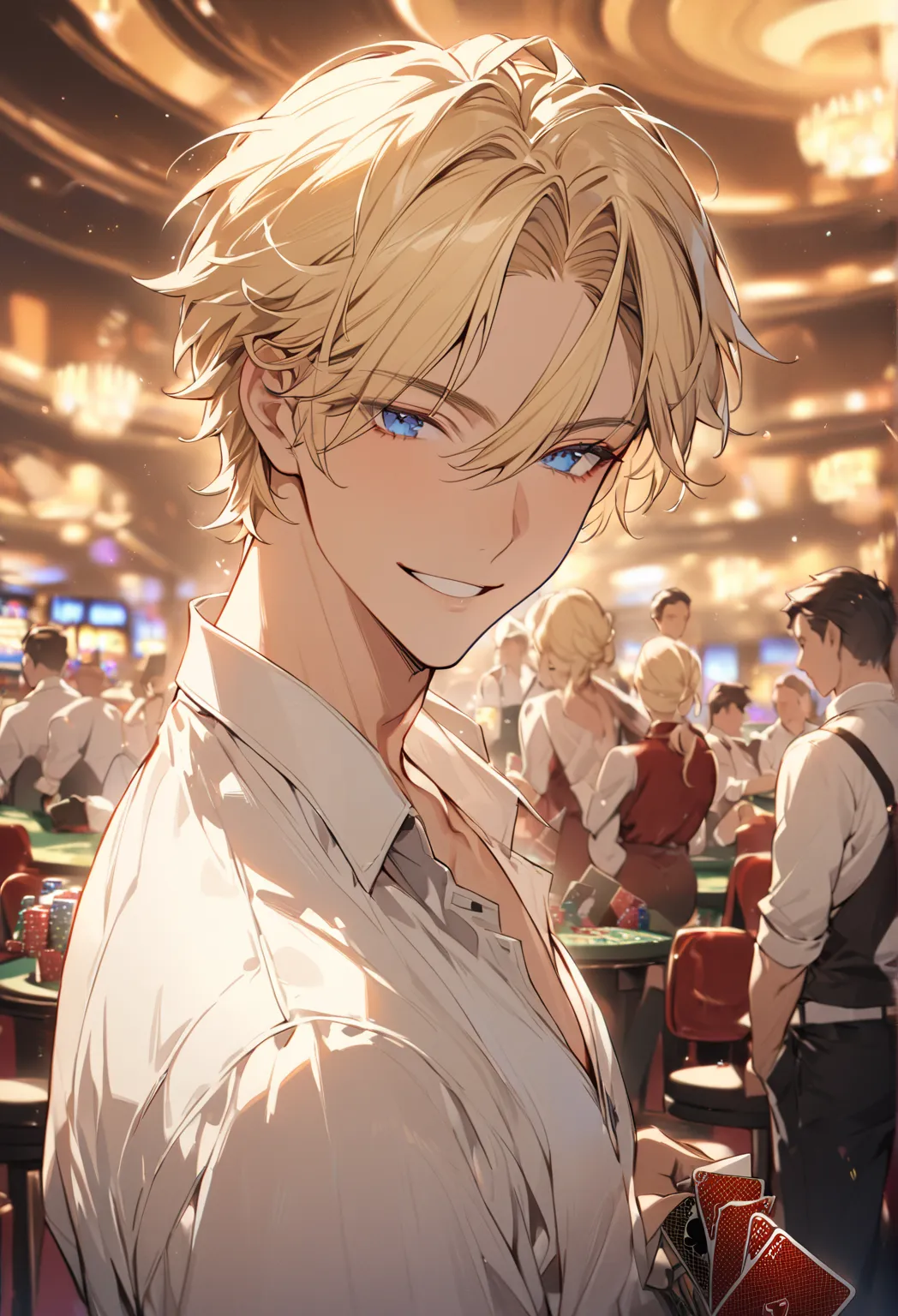 ***alone, 1 male***, Blonde,   blue eyes,   shirt,   beautiful, cool,  handsome,  smile , high quality, painting, Pixie illustration blurry background , casino, Poker, gambling, card, high quality, sexy, smile facial, 20s