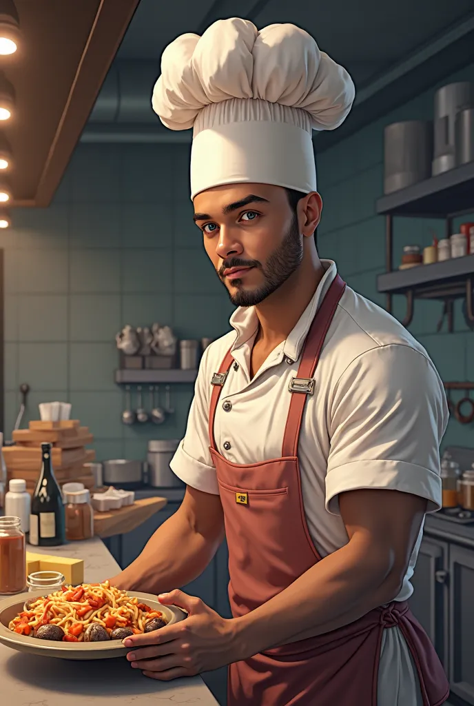 Jibbuti Young Male Chef,Wear a chef&#39;s hat, Tagged with, face, blue eyes, ,not wearing a shirt,good figure, See ZigPex, ,Low Waist Belt Fastener, , ,Black skin, high resolution, precise,holding thick mushroom soup, machine-shaped beef crêpes., Working s...