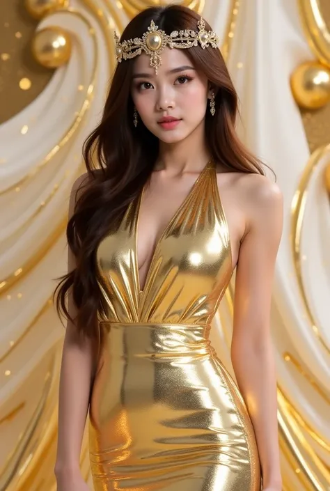 a woman in a stunning gold metallic gown that glimmers elegantly. The dress has a halter neckline and a fitted silhouette, accentuating her figure. She is wearing a golden crown-like headpiece with intricate details, complementing her overall regal appeara...