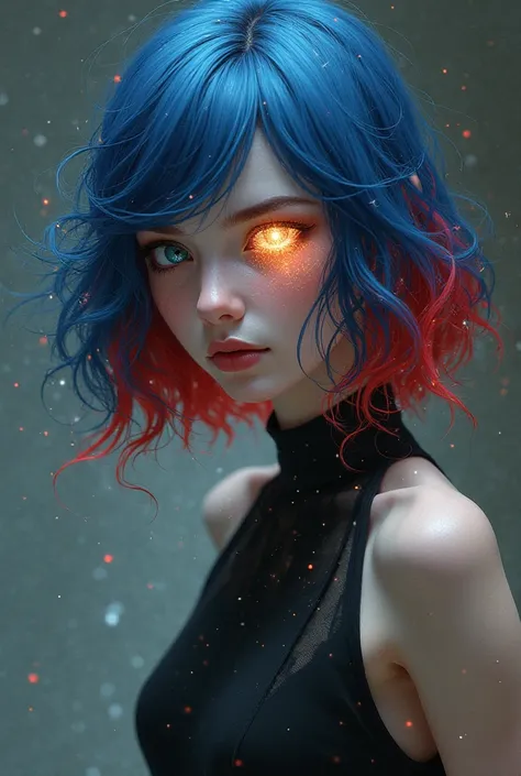 A girl in a black dress and blue and red hair. A red eye is a blue eye with stars instead of pupils