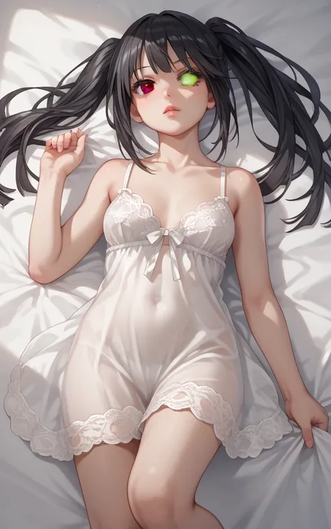 score_9, score_8_up, score_7_up, source_anime, TokisakiKurumi, black hair, twintails, heterochromia, red eye, yellow eye, clock eyes, wearing a white satin nightgown, in bed,  silk sheets, sultry, seductive, atmospheric(masterpiece), best quality, intricat...