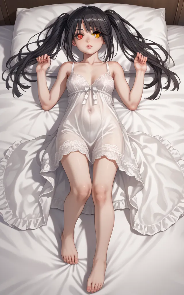 score_9, score_8_up, score_7_up, source_anime, TokisakiKurumi, black hair, twintails, heterochromia, red eye, yellow eye, clock eyes, wearing a white satin nightgown, in bed,  silk sheets, sultry, seductive, atmospheric(masterpiece), best quality, intricat...