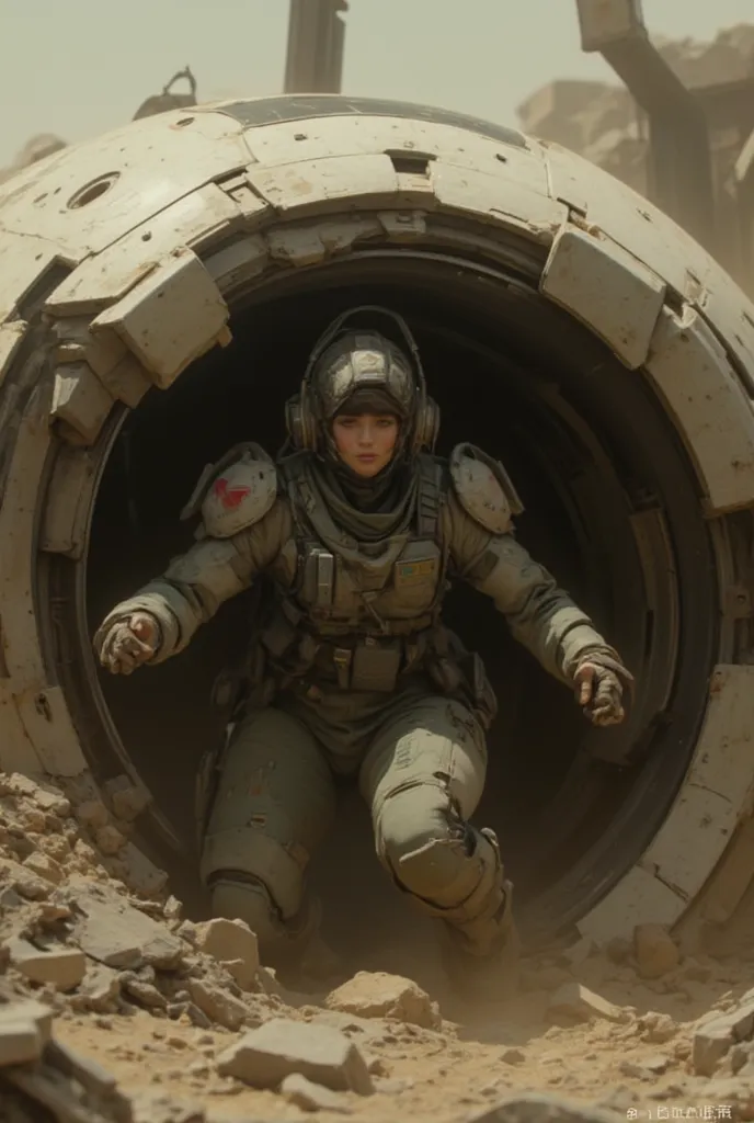  Realistic Near Future  、 realistic expression、   in the Dust  、 A beautiful Japanese woman from Allied Special Forces comes out of the cockpit of a destroyed robot、jpn mark  、 Damaged battle suit 、Futuristic headgear、、 Scattered rubble、    Accurate and De...