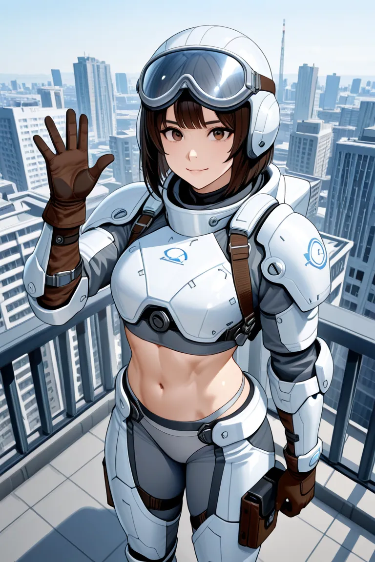 A young woman, likely Asian, is depicted in a futuristic, anime-style illustration. She stands on a rooftop overlooking a city, positioned slightly to the left of center.  She is wearing a futuristic flight suit, with light gray and white armor pieces laye...