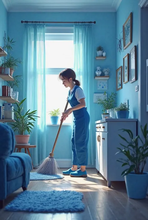 Cleaning lady cleaning a house decorated in blue