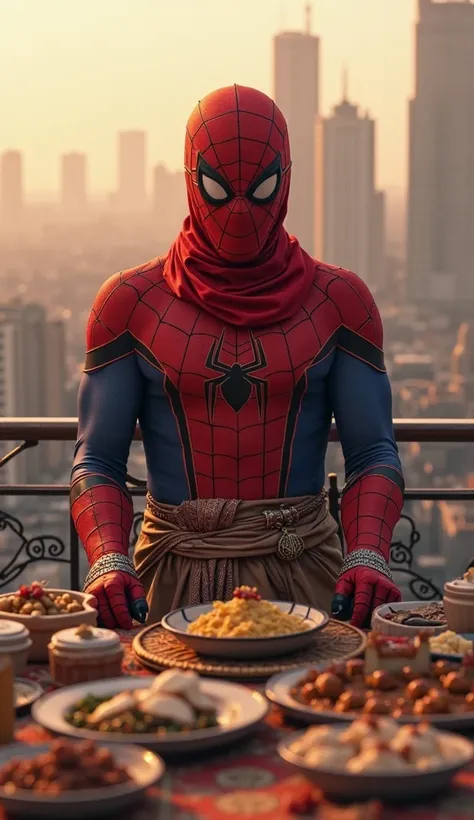 Spiderman Muslim has a Punjabi on him and is preparing for iftar in the background