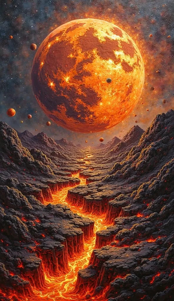 A hellish, molten Earth forming in the void of space, its surface cracked with rivers of lava while asteroids rain down, Impasto Painting, Fiery oranges, deep blacks, and glowing embers with heavy textures, Explosive and intense.