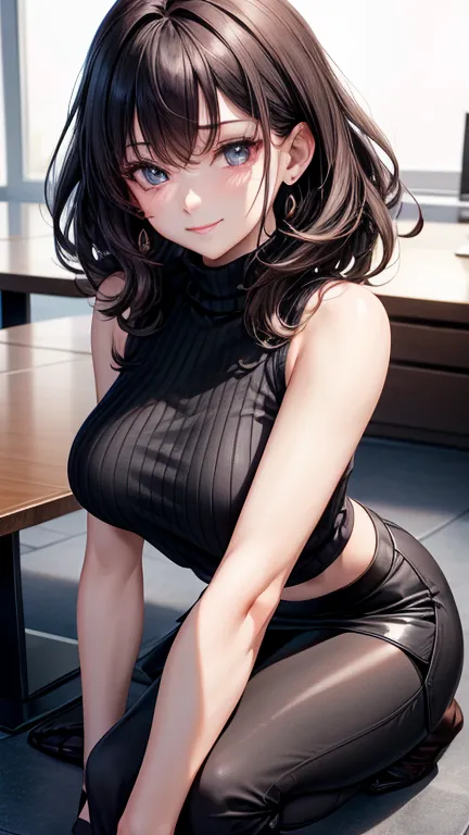 8K, highres, ultra detailed, (masterpiece:1.4), the best quality,  symmetrical body, ( tight black turtleneck sweater :1.4), ( Skinny skirt :1.4),, beautiful, Alone, earrings, short hair, long wavy hair, ojos rosados, Shine effect, Fine eye,  smiling,  sad...