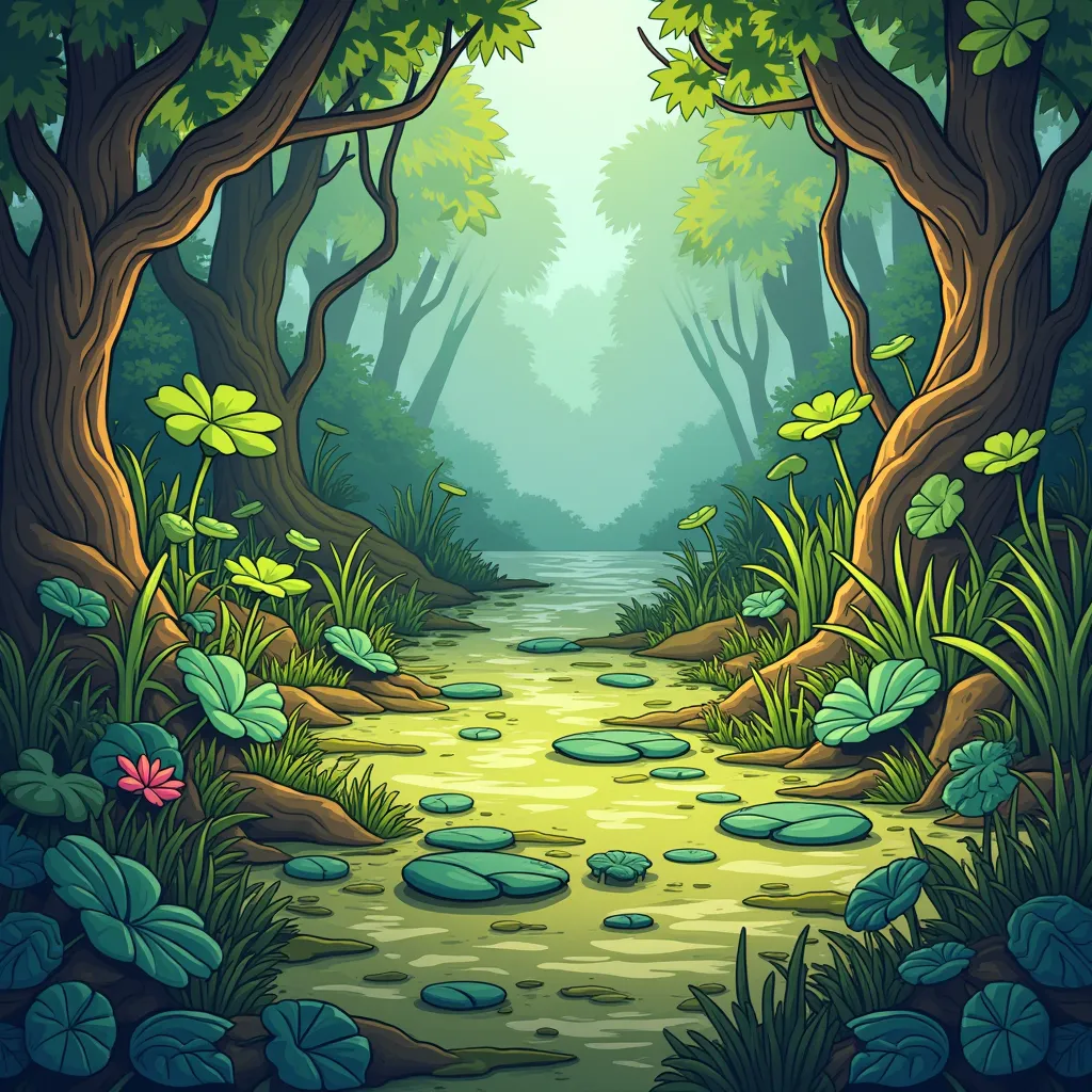 Create a vibrant, playful, and cartoonish prehistoric Swamp  :

swamp muddy, mossy ground.
Lily pads, reeds, and ancient plants growing around. no dinosaurs in the image 
