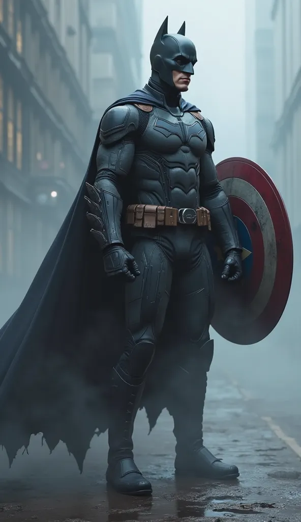 "The Dark Sentinel emerges from the mist—a fusion of unwavering patriotism and relentless justice. His suit, a reinforced hybrid of the Bat-Suit and Captain America’s armor, absorbs damage while enhancing agility. His shield, now redesigned with dark tacti...