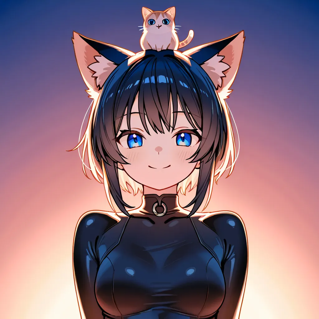 looks at one woman, smiles, blue eyes,  black hair, Cat ears