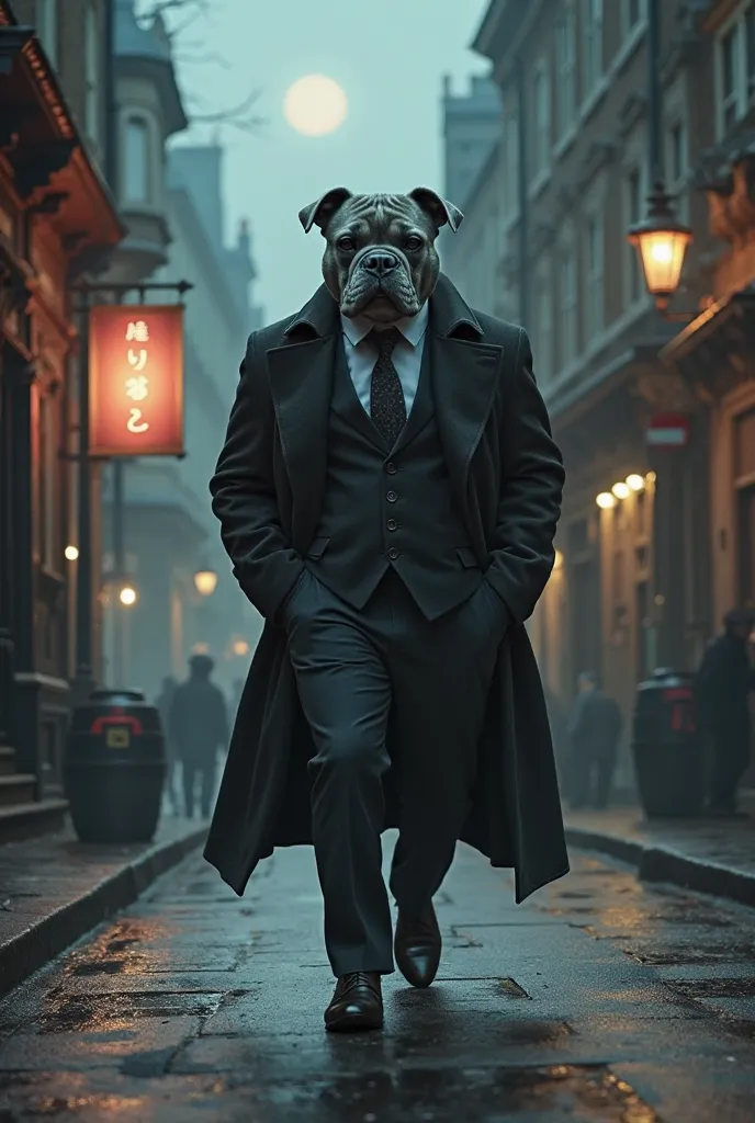 Stylish human with the head of a gray bull dog walking through the streets of England on a cold and dark night