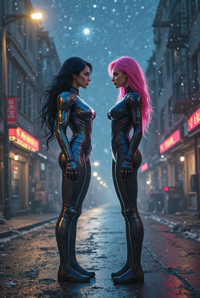 two women, one with long black hair in an Iron Man costume, the other with pink hair in a rosomah suit, without a cyberpunk mask, stand on the road at night