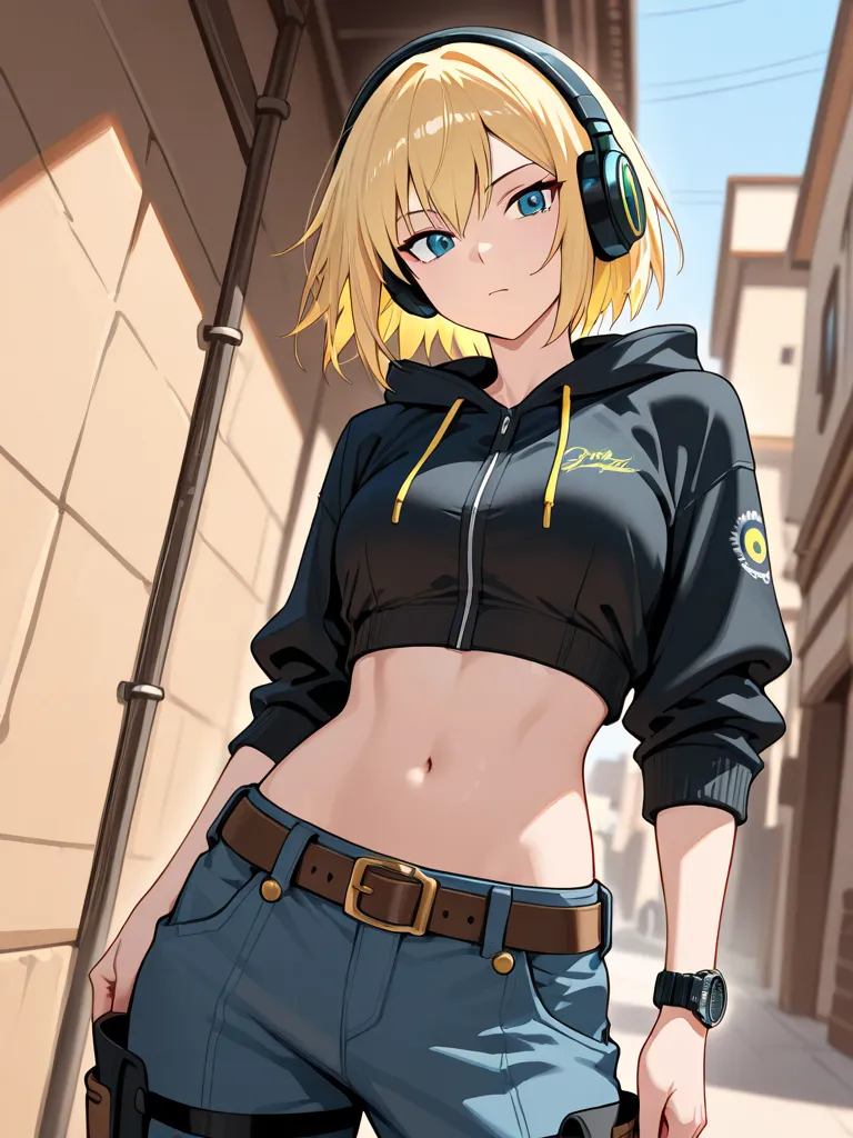 Design an unforgettable anime-style character that captures the essence of a modern cowgirl bandit—a fearless, independent adventurer with a refined yet rebellious look. The character’s custom hooded outfit replaces the previously exposed midriff design wi...