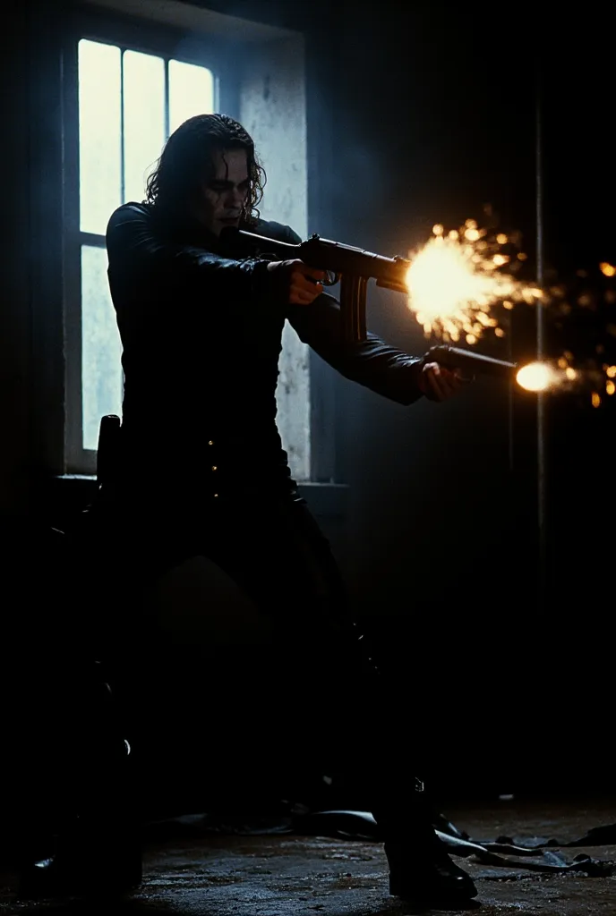 BrandonLee near to a large window with 2 guns in hands, shooting in gangsters , in a Dark place 